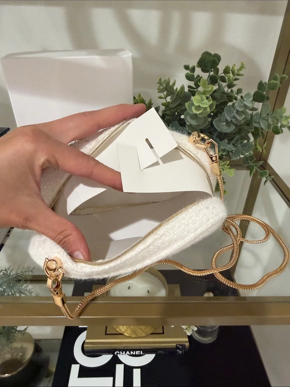 CHANEL Cream Bouclé Beaute Crossbody with Gold Chain